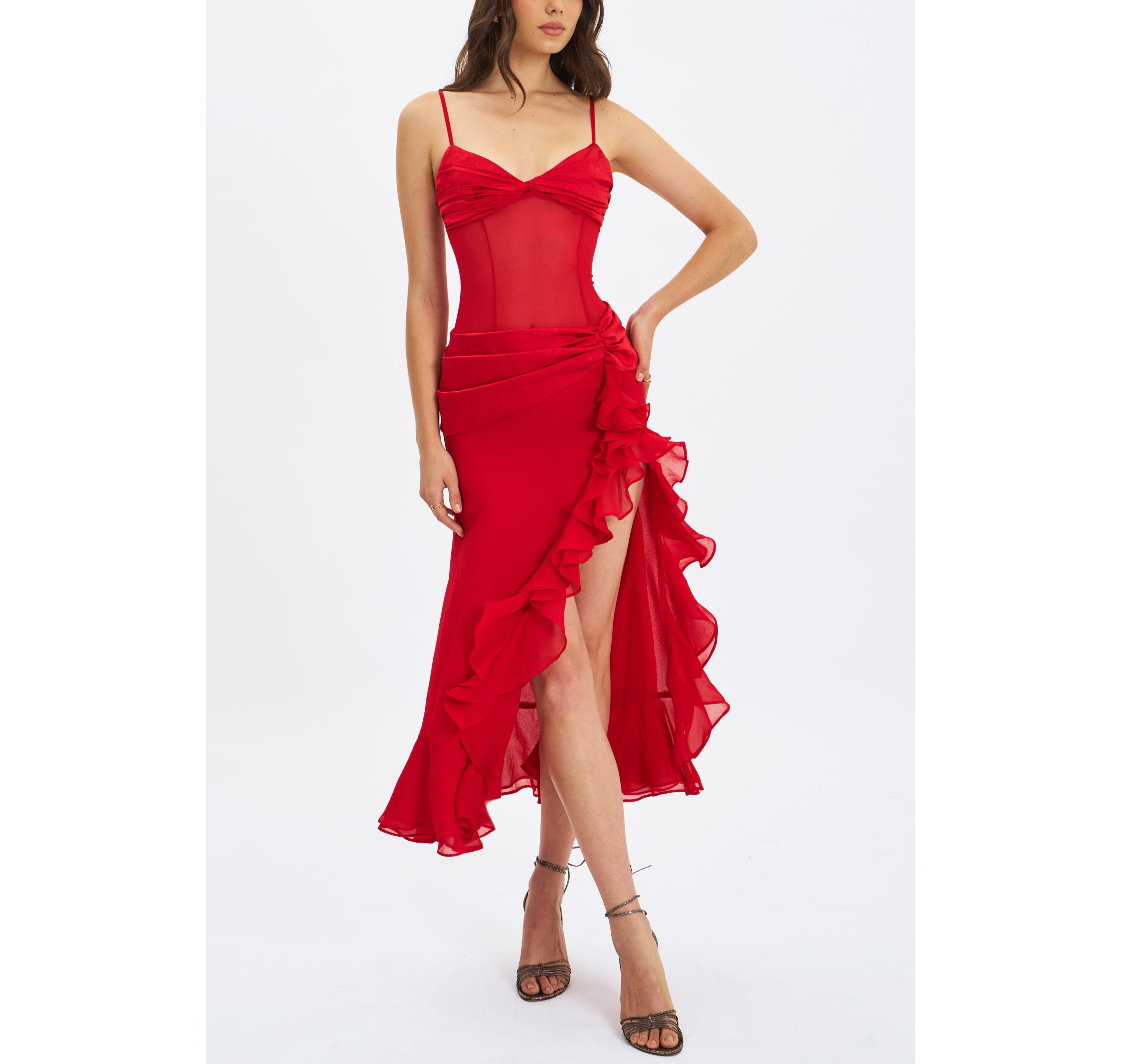 Miss Circle Dahlina Ruched Waist High Slit Midi Dress
