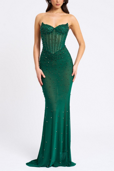 Miss Circle Fatima Crystal Corset Mesh Mermaid Maxi Dress in Dark Green, Women’s at Urban Outfitters