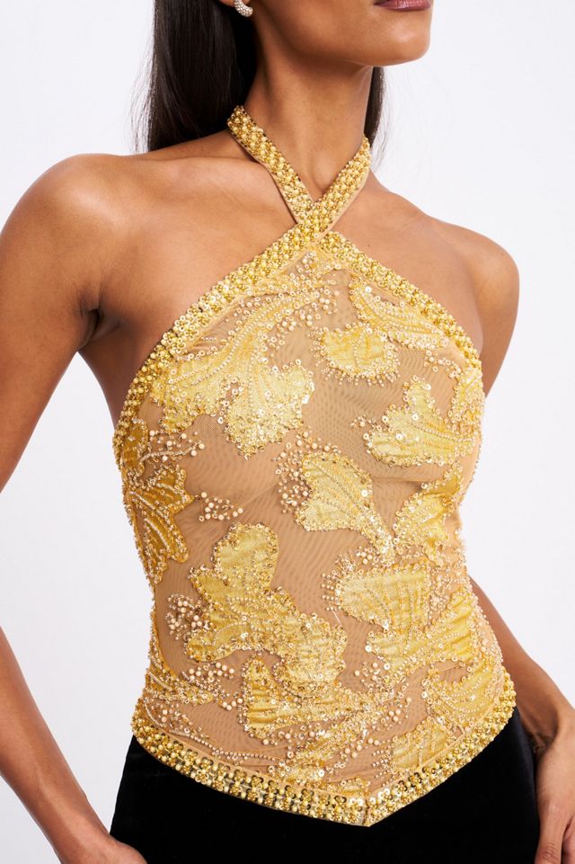 miss circle gold pearl dress Miss Circle Women's Lainey Gold Satin Sequin Pearls Beaded Maxi Dress