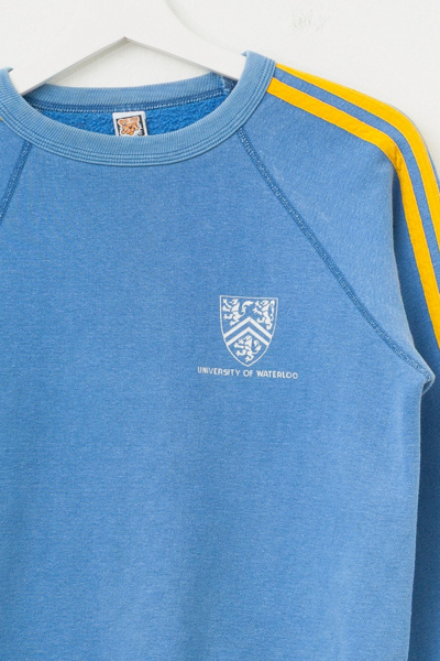 Vintage 1980s Distressed University of Waterloo Blue Yellow Graphic Sweatshirt