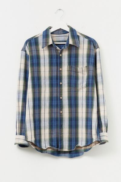 Vintage 1980s Distressed Blue White Cotton Plaid Button Up Work Shirt