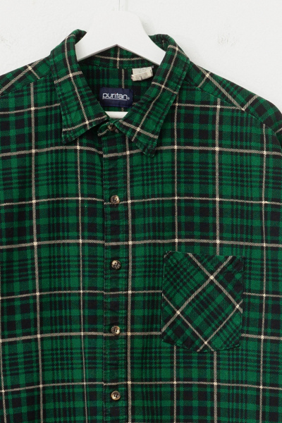 Vintage 1980s Green Black Plaid Cotton Flannel Button Up Shirt Made in USA
