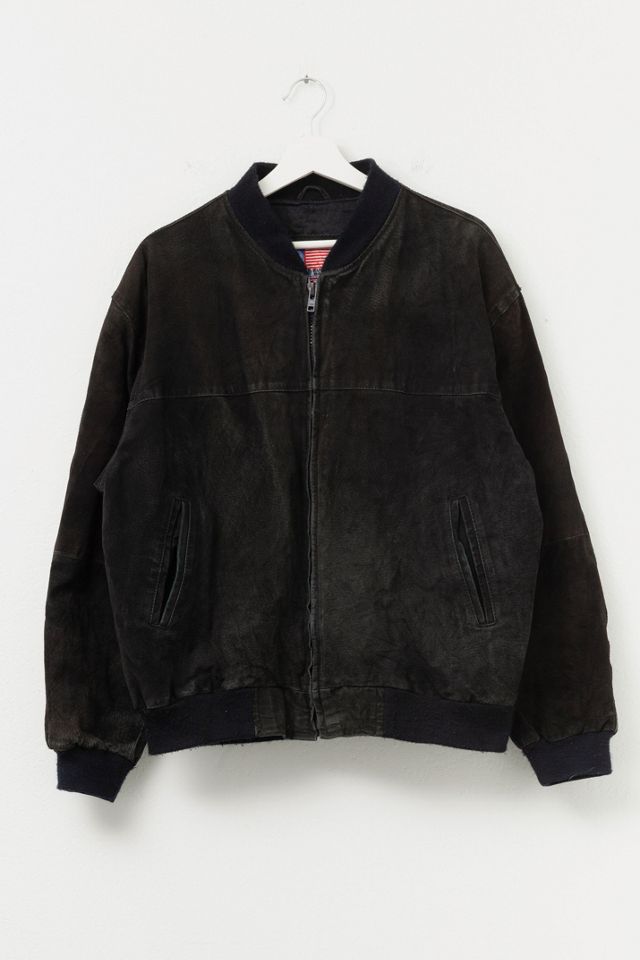 90’s Suede Leather Blouson Bomber Jacket Vintage 1990s Distressed Black Suede Leather Bomber Jacket | Urban