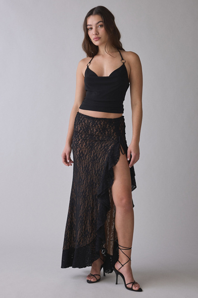 I. AM. GIA Emilia Asymmetric Ruffle Slit Lace Maxi Skirt in Black, Women’s at Urban Outfitters