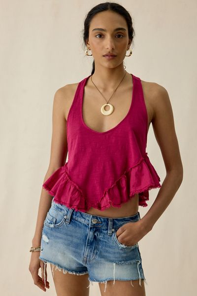 BDG Millie Raw-Edge Ruffle Racerback Crop Tank Top