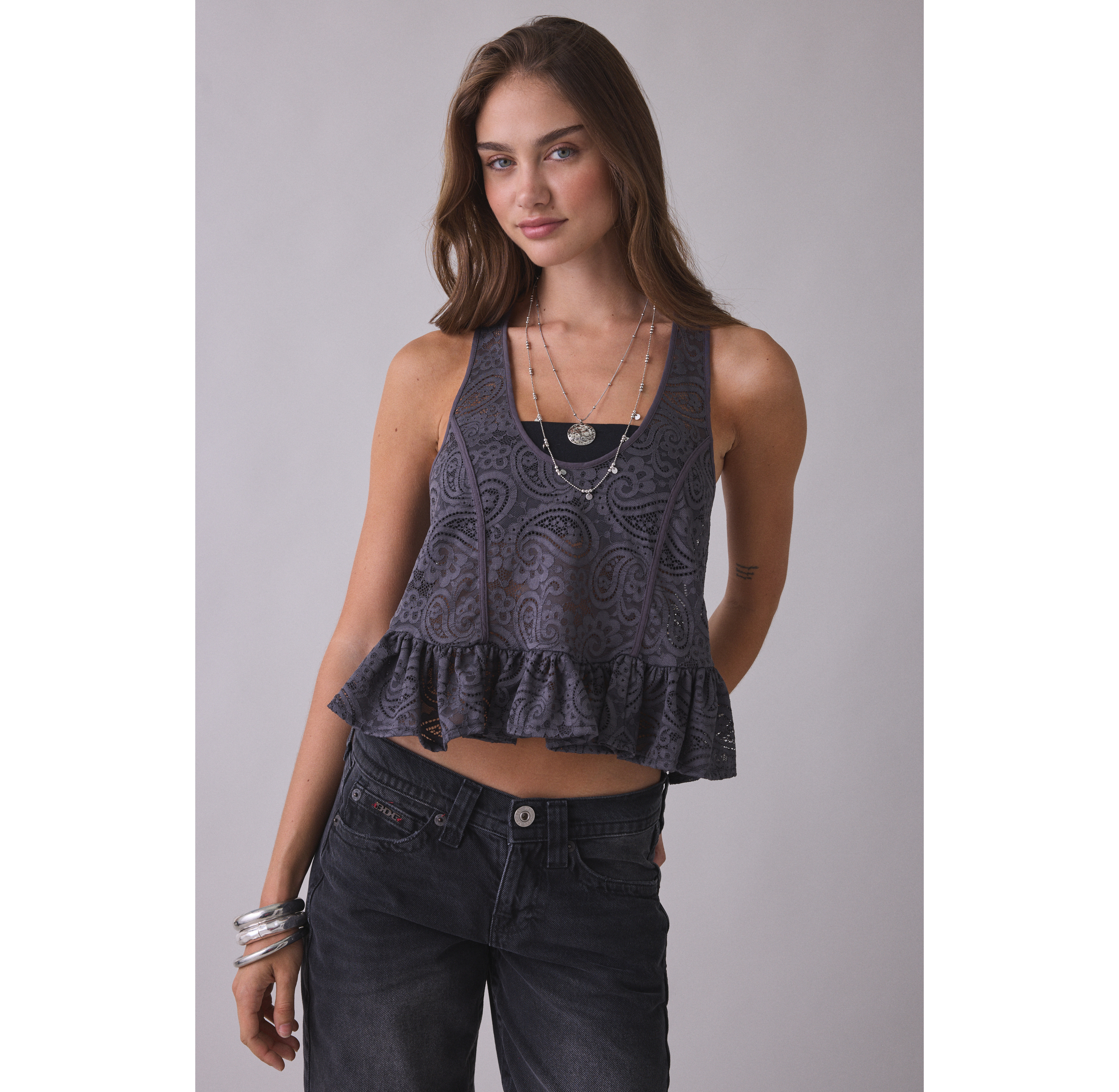 Kimchi Blue Lillie Sheer Lace Ruffle Tank Top