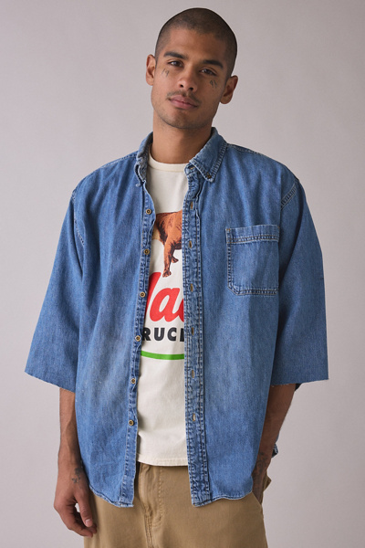 Vintage & ReMADE by UO ReMADE By UO 3/4 Sleeve Denim Shirt Top in Indigo at Urban Outfitters