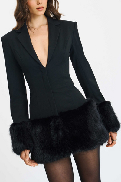 Miss Circle Wenona Faux Fur Trim Mini Blazer Dress in Black, Women’s at Urban Outfitters