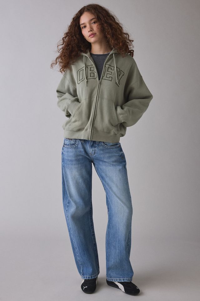 OBEY Collegiate Embroidered Graphic Baggy Full-Zip Hoodie Sweatshirt #3