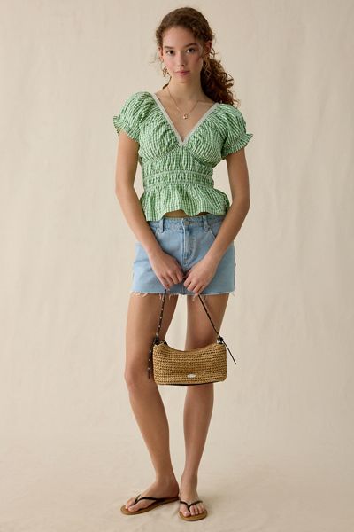 Kimchi Blue Jane Ruched Lace Trim Short Sleeve Blouse