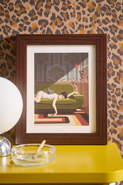 Artcatillustrated Waiting Game Art Print in Walnut Wood Frame at Urban Outfitters