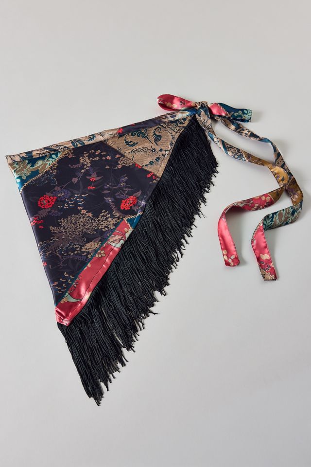 Tassel Trim Satin Triangle Scarf #1