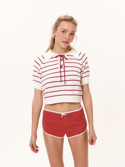 For Love & Lemons Betsey Striped Lace-Up Polo Top