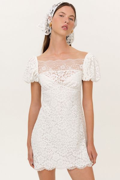 urban outfitters white puff sleeve dress Daisy Street Teacup Lace Trim Mini in Cotton, Women's M at Urban Outfitters Mini Dress Women