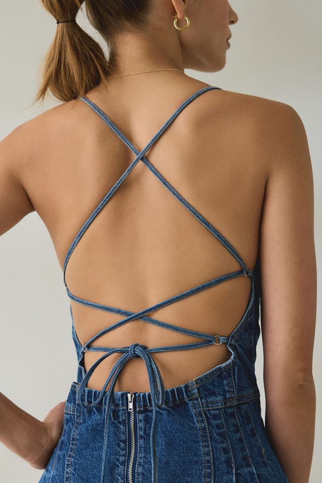 Steve Madden Lace-Up Open Back Seamed Denim Mini Dress | Urban Outfitters