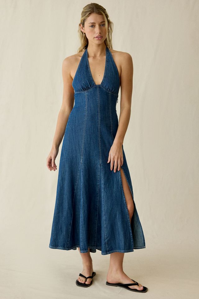 denim halter neck dress Corbin Mini blend denim composition that shapes a darted triangle bodice and a classic halter neckline (that secures with an adjustable button closure) KENDALL DENIM MINI DRESS in