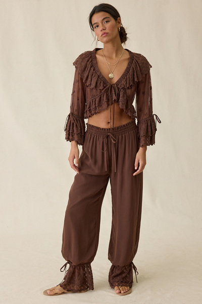 Elevator Disco Eleanor Sheer Lace Ruffle Bell Sleeve Crop Top