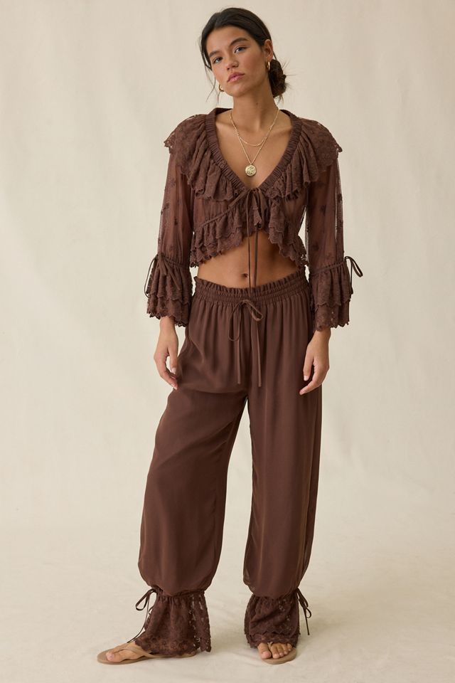 Elevator Disco Eleanor Sheer Lace Ruffle Bell Sleeve Crop Top #1