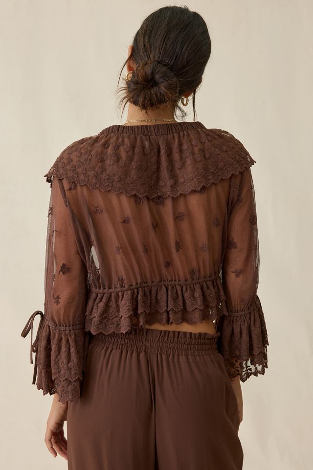 Elevator Disco Eleanor Sheer Lace Ruffle Bell Sleeve Crop Top #2