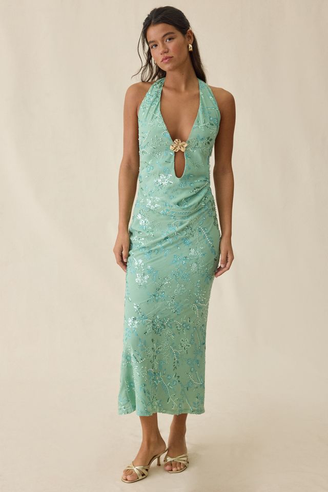 Elevator Disco Selina Glam Beaded Keyhole Cutout Halter Top #1