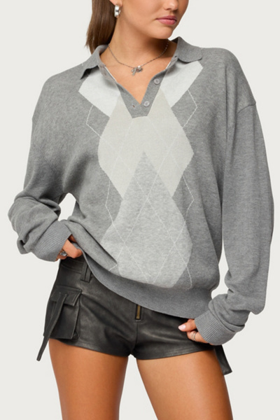 Edikted Kati Argyle Oversized Polo Sweater
