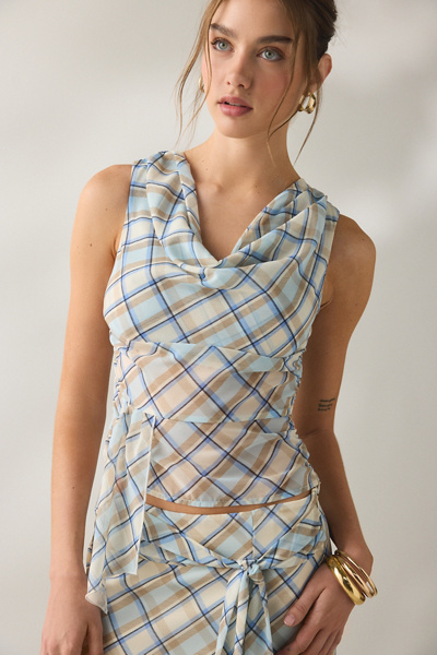 Motel Maida Blue Check Convertible Tie Detail Top