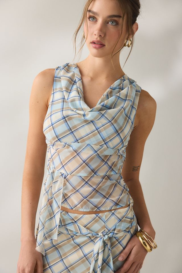 Motel Maida Blue Check Convertible Tie Detail Top #4