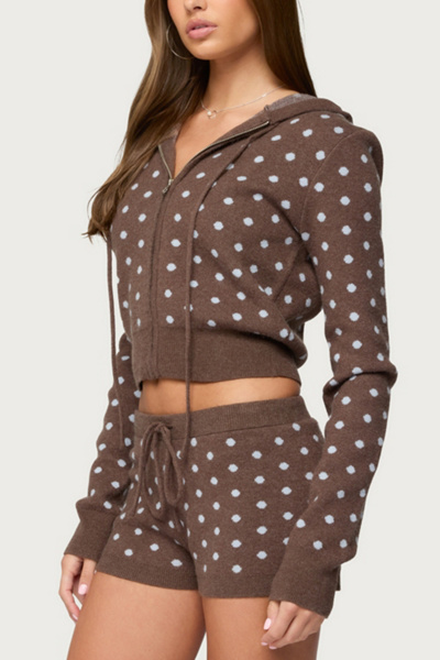 Edikted Kenny Polka Dot Knit Zip Up Hooded Cardigan