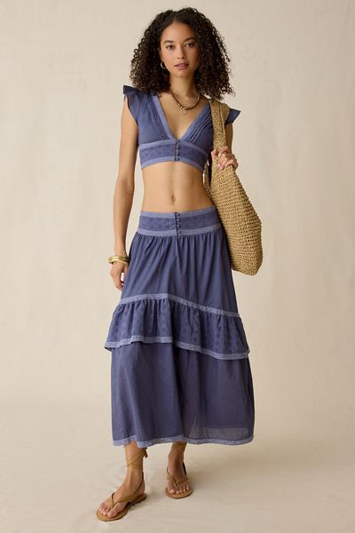 Kimchi Blue Seaside Splash Ruffle Lace Trim Midi Skirt 2-Piece Set