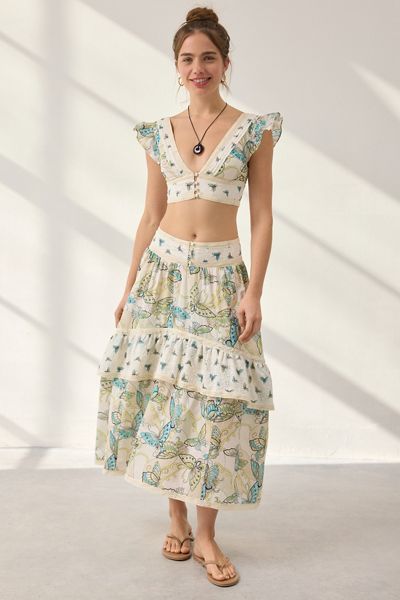 Kimchi Blue Seaside Splash Ruffle Lace Trim Midi Skirt 2-Piece Set