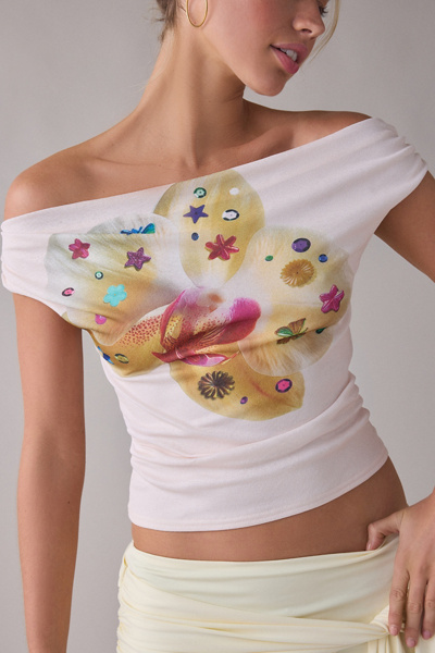 UO Fia Charmed Orchid Graphic Mesh Off-The-Shoulder Crop Top