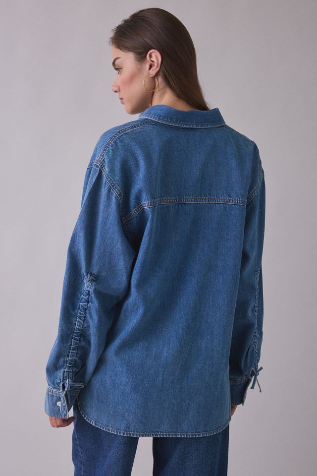 Steve Madden Merrit Ruched Tie-Sleeve Denim Button-Down Shirt #3