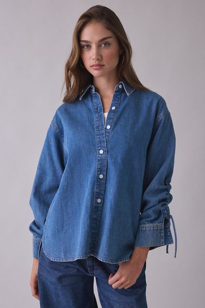 Steve Madden Merrit Ruched Tie-Sleeve Denim Button-Down Shirt