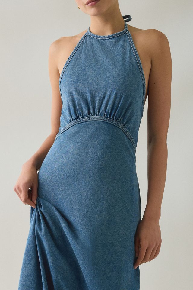 Steve Madden Vilma High Neck Halter Denim Maxi Dress #1