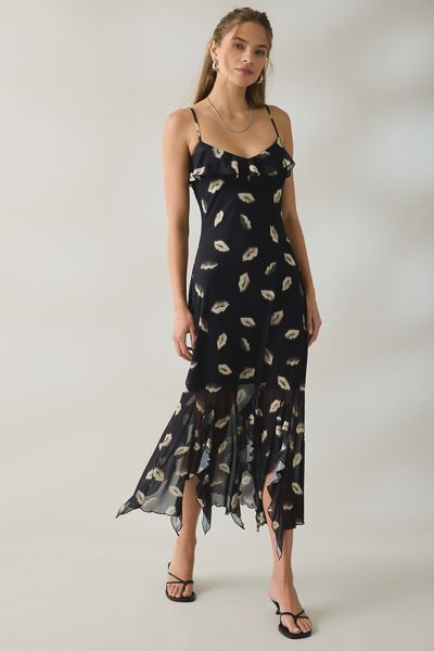 Steve Madden Mariane Midnight Kiss Cascading Ruffle Mesh Midi Dress