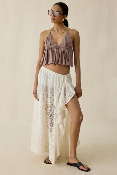 Kimchi Blue Crush On You Sheer Lace Trim Asymmetric Ruffle Maxi Skirt