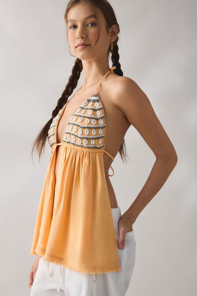 Kimchi Blue Camellia Shell Embellished Flyaway Halter Top #4