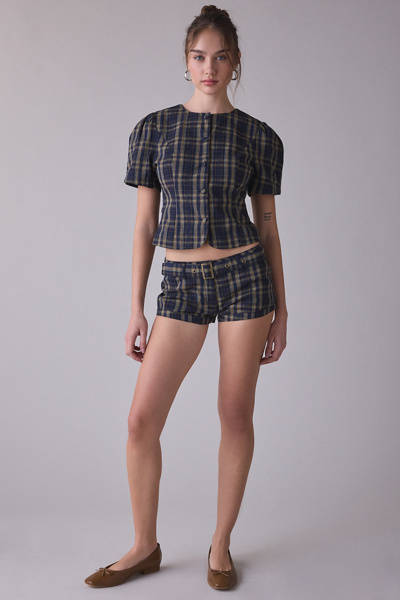 Lioness Femme Plaid Short Sleeve Button-Front Blouse