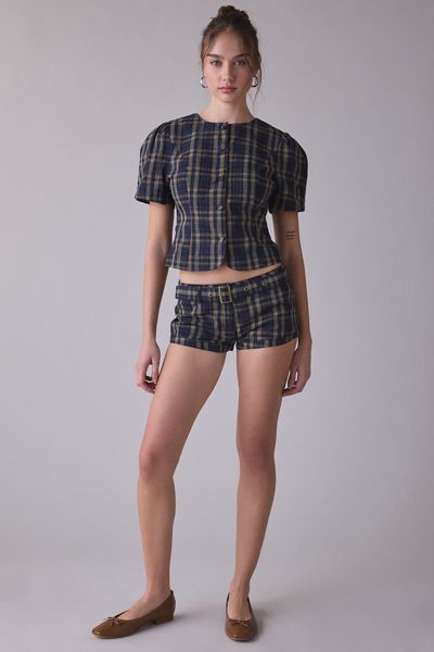 Lioness Femme Plaid Short Sleeve Button-Front Blouse