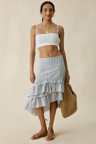 Daisy Street Seren Asymmetric Tiered Ruffle High-Low Midi Skirt