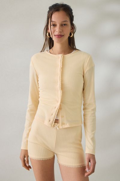 Daisy Street Lemon Drop Lace Trim Pointelle Cardigan
