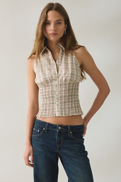 Daisy Street Bibi Smocked Sleeveless Button-Down Top