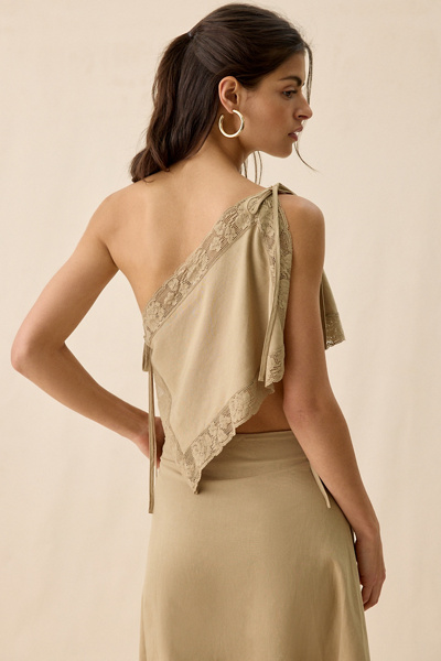 Muse Assembly Rae Lace Trim Asymmetric Scarf Top
