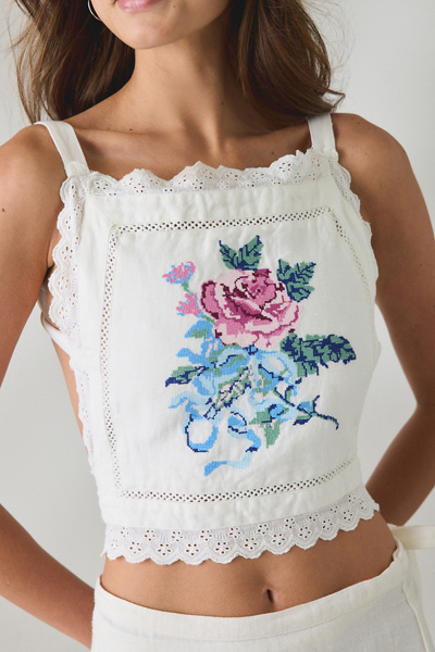Muse Assembly Etta Floral Embroidered Tie-Back Crop Top