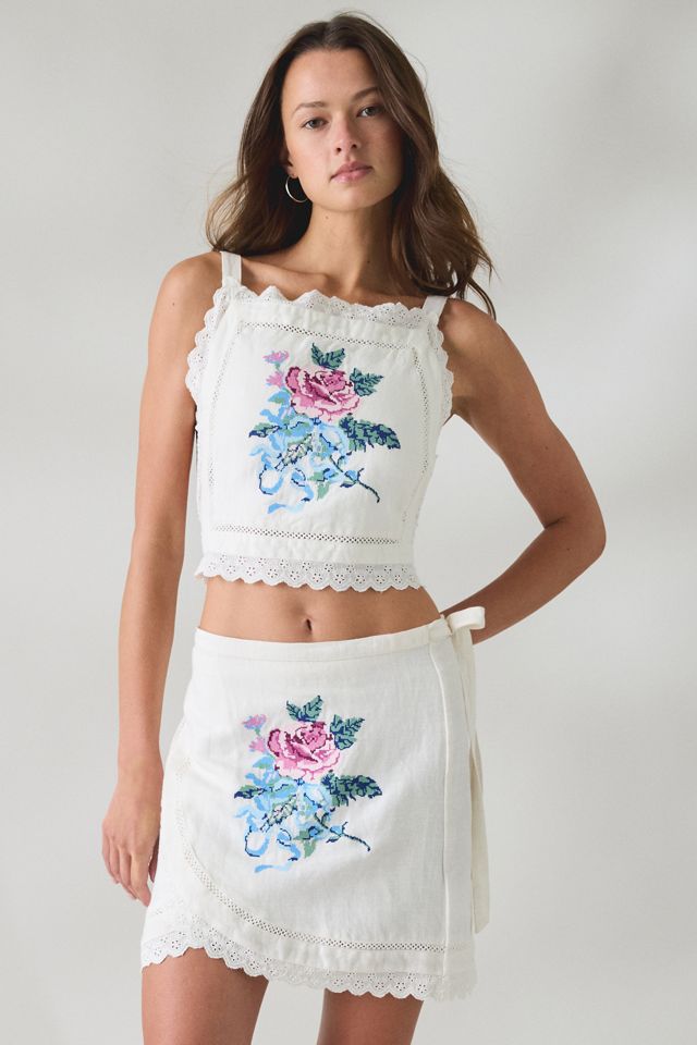 Muse Assembly Etta Floral Embroidered Tie-Back Crop Top #1