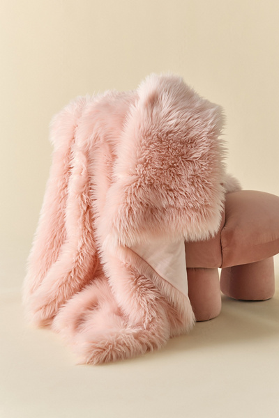 Rory Faux Fur Throw Blanket in Pink at Urban Outfitters
