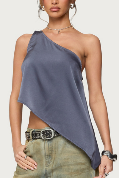 Edikted Asymmetric Satin Effect One Shoulder Top in Dark/Gray, Women's at Urban Outfitters