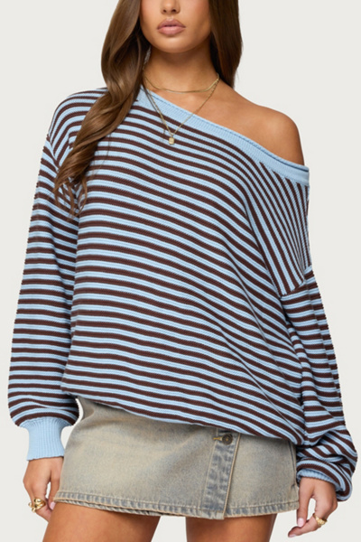 Edikted Averi Striped Oversized Off Shoulder Sweater
