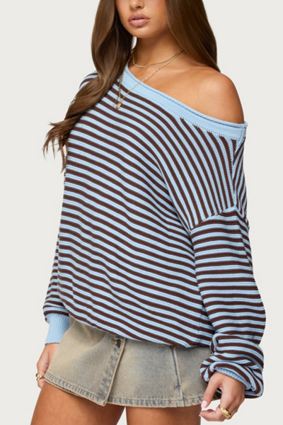 Edikted Averi Striped Oversized Off Shoulder Sweater