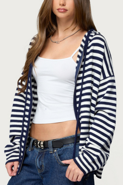 Edikted Safari Striped Knit Zip Up Hoodie